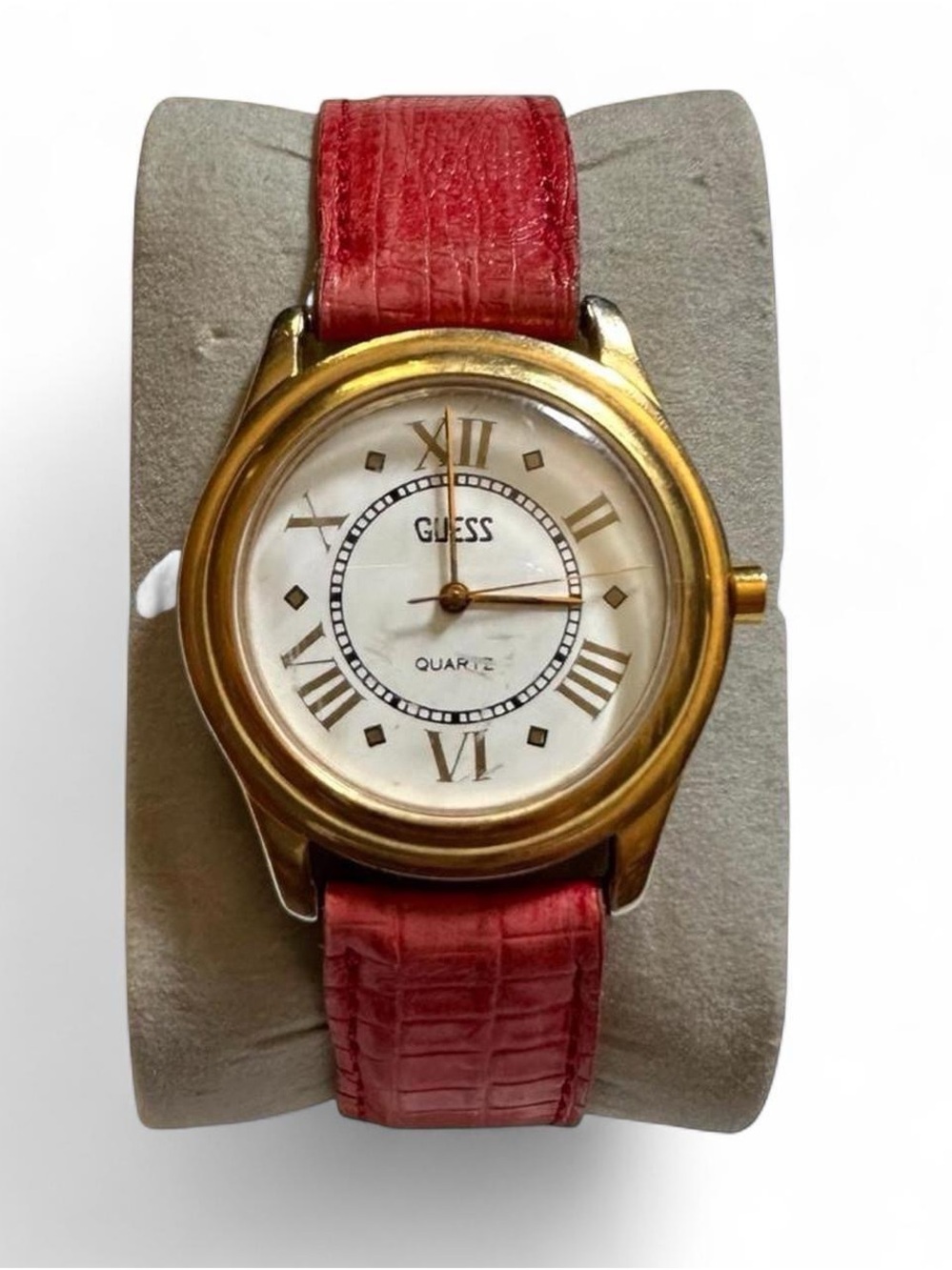 Vintage 1980s GUESS Women's Gold Case Red Leather Strap Quartz Watch
